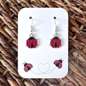 New Handmade Silver-Tone Ladybug Dangle Earrings (1.5" long x 0.6" wide)